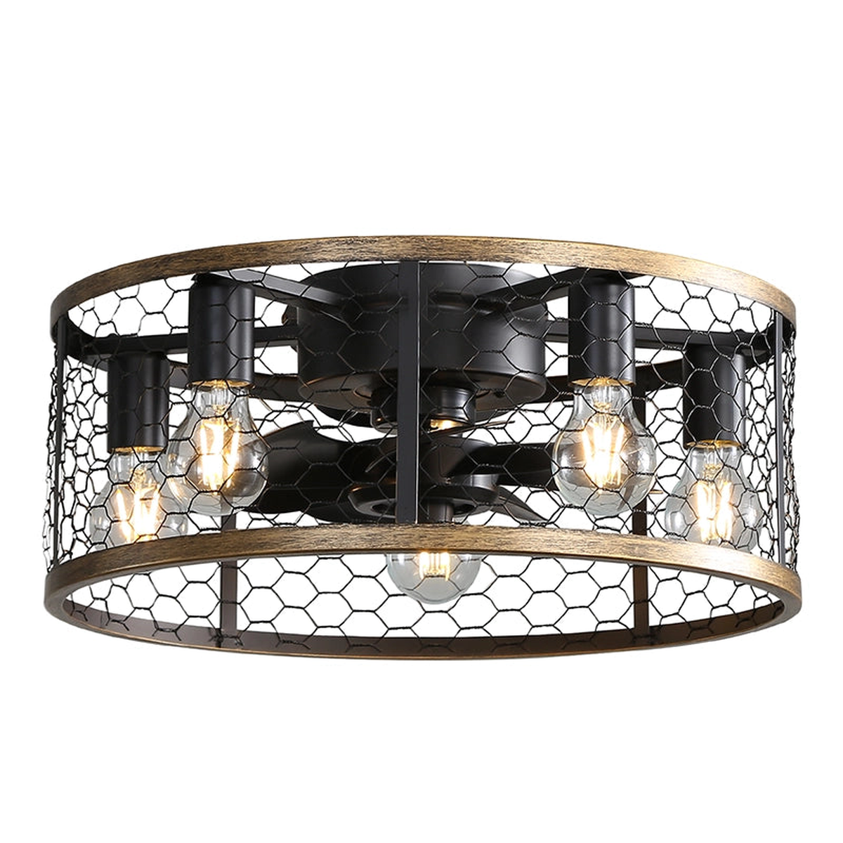 20" Industrial Caged Ceiling Fan with 7-ABS Blades, Light, Remote Control in Black - Rustic Gold Rim Frame