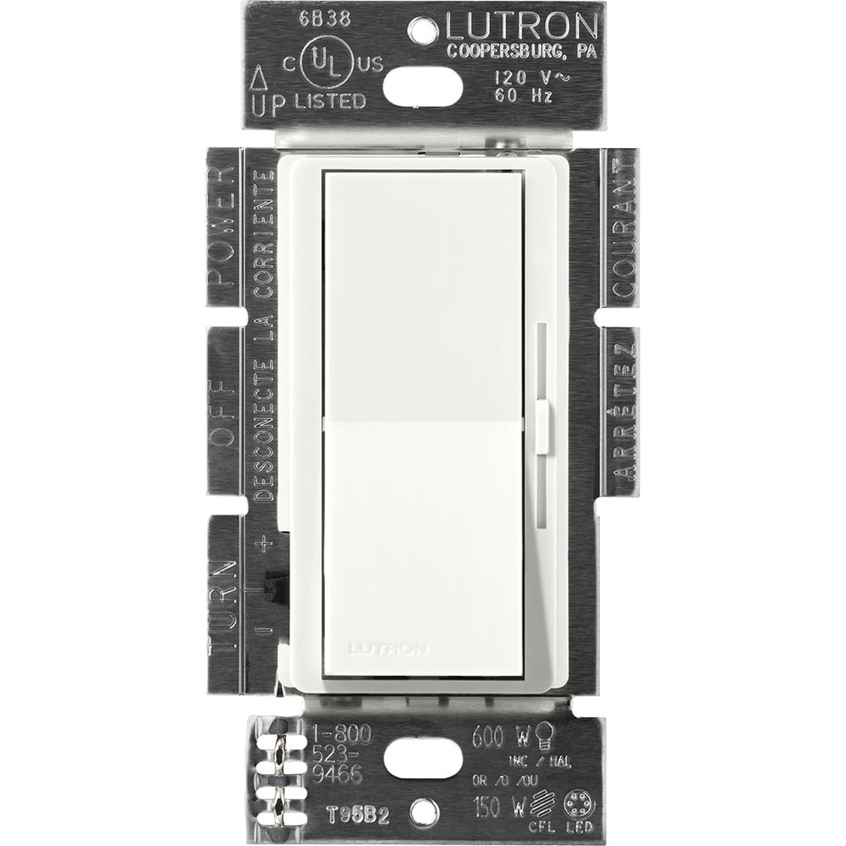Lutron Diva Dimmer, 450W, 3-Way, Magnetic Low-Voltage, 120V, Glacier White, DVSCLV-603P-GL